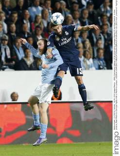 UEFA Champions League 2015 2016 match between Malmö FF and Real Madrid. In this picture, Real Madrid s Carvajal fights with a Malome s player. xJOSExA.xGARCIAx 