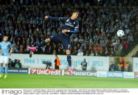 2015-09-30, Swedbank Stadion, Malmö In the picture: 7, Cristiano Ronaldo (C), Real Madrid Pictures from the match Malmo FF - Real Madrid in the Champions League. The match is played at Swedbank Stadion in Malmö, Sweden. Match: Malmö FF - Real Madrid - 4.04925335