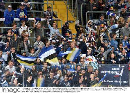Ice hockey Eishockey - CHL, RB Muenchen vs Rauma MUNICH,GERMANY,06.OCT.15 - ICE HOCKEY - CHL, Champions Hockey League, play off, EHC Red Bull Muenchen vs Lukko Rauma. Image shows fans of RB Muenchen. Keywords: flag, scraf. GEPAxpictures xFlorianxErtl