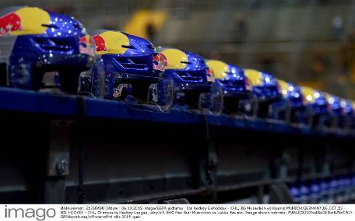 Ice hockey Eishockey - CHL, RB Muenchen vs Rauma MUNICH,GERMANY,06.OCT.15 - ICE HOCKEY - CHL, Champions Hockey League, play off, EHC Red Bull Muenchen vs Lukko Rauma. Image shows helmets. GEPAxpictures xFlorianxErtl