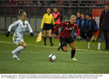 20151007, Vantaa, Finland. Women s Champions League football match PK-35 Vantaa vs FC Roseng?rd at Myymaki Stadium in Vantaa, Fniland. In picture FC Roseng?rd Josee Belanger and PK-35 Jenna Korhonen. Jarno Kuusinen All Over Press FINLAND OUT 1.03555941