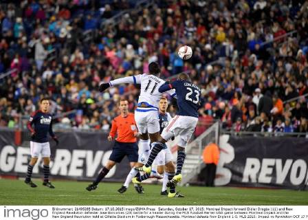 Saturday, October 17, 2015: Montreal Impact forward Didier Drogba (11) and New England Revolution defender Jose Goncalves (23) battle for a header during the MLS Fussball Herren USA game between Montreal Impact and the New England Revolution held at Gillette Stadium in Foxborough Massachusetts. Montreal defeats New England 1-0. MLS 2015: Impact vs Revolution OCT 17 - ZUMAc04_
