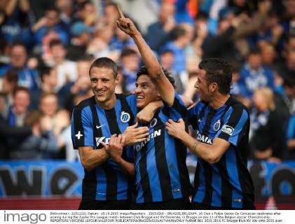 20151018 - BRUGGE;BELGIUM: 18 Club s Felipe Gedoz Da Conceicao celebrates after scoring during the Jupiler Pro League match between Club Brugge and KV Oostende, in Brugge on day 11 of the Belgian soccer Championship. REPORTERS VIRGINIE LEFOUR xxLEFOUR