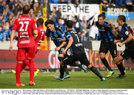 20151018 - BRUGGE;BELGIUM: 18 Club s Felipe Gedoz Da Conceicao celebrates after scoring during the Jupiler Pro League match between Club Brugge and KV Oostende, in Brugge on day 11 of the Belgian soccer Championship. REPORTERS VIRGINIE LEFOUR xxLEFOUR