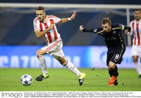 UEFA Champions League, Group F, Round 3, GNK Dinamo - FC Olympiakos 20.10.2015., Croatia, Zagreb - Maksimir Stadium - UEFA Champions League, Group F, Round 3, GNK Dinamo - FC Olympiakos. Kostas Fortounis, Domagoj Antolic.  IgorxKralj PIXSELL