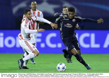 UEFA Champions League, Group F, Round 3, GNK Dinamo - FC Olympiakos 20.10.2015., Croatia, Zagreb - Maksimir Stadium - UEFA Champions League, Group F, Round 3, GNK Dinamo - FC Olympiakos. Omar Elabdellaoui, Junior Fernandes.  GoranxStanzl PIXSELL