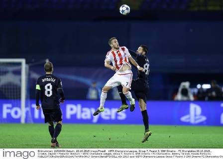 UEFA Champions League, Group F, Round 3, GNK Dinamo - FC Olympiakos 20.10.2015., Croatia, Zagreb - Maksimir Stadium - UEFA Champions League, Group F, Round 3, GNK Dinamo - FC Olympiakos. Jeremy Taravel, Kostas Fortounis. GoranxStanzl PIXSELL
