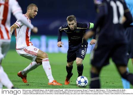 UEFA Champions League, Group F, Round 3, GNK Dinamo - FC Olympiakos 20.10.2015., Croatia, Zagreb - Maksimir Stadium - UEFA Champions League, Group F, Round 3, GNK Dinamo - FC Olympiakos. Pajtim Kasami, Domagoj Antolic. GoranxStanzl PIXSELL