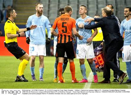 Fußball, Champions League, Malmö FF - Shakhtar Donetsk Malmö Sweden 2015-10-21 Champions League 2015 16 Malmö FF vs Shakhtar Donezk - Coach Age Haredie and Djurdjic (Malmö)  4.04929546