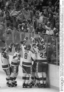 Nov. 1, 2015 - Lake Placid, New York, U.S. - Lake Placid, New York, February 1980 - Miracle on Ice - the USA hockey team defats the soviets on the way to a gold medal victory over Finland. -- USA v soviets game - celebration of USA goal - probably the the goal that tied the game 3-3. Minneapolis News - Nov. 1, 2015 - ZUMAm42_