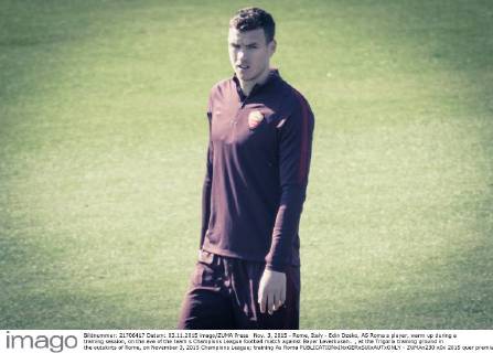 Nov. 3, 2015 - Rome, Italy - Edin Dzeko, AS Roma s player, warm up during a training session, on the eve of the team s Champions League football match against Bayer Leverkusen.. , at the Trigoria training ground in the outskirts of Rome, on November 3, 2015 Champions League; training As Roma  - ZUMAn230