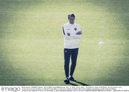 Nov. 3, 2015 - Rome, Italy - Rudi Garcia, coach of AS Roma, during players warm up during a training session, on the eve of the team s Champions League football match against Bayer Leverkusen, at the Trigoria training ground in the outskirts of Rome, on November 3, 2015 Champions League; training As Roma  - ZUMAn230