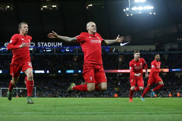 Martin Skrtel of Liverpool celebrates scoring his sides fourth goal - Manchester City vs Liverpool - Barclays Premier League - Etihad Stadium - Manchester - 21 11 2015 Pic Philip Oldham SportImage EDITORIAL USE ONLY. No use with unauthorised audio, video, data, fixture lists, club league logos or live services. Online in-match use limited to 120 images, no video emulation. No use in betting, games or single club league player publications.