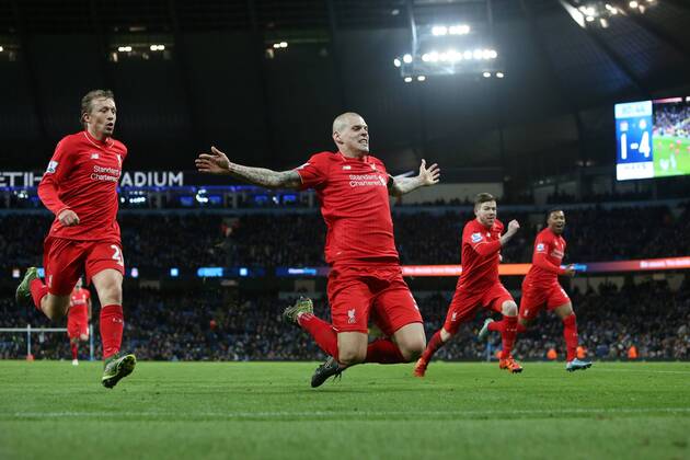 Martin Skrtel of Liverpool celebrates scoring his sides fourth goal - Manchester City vs Liverpool - Barclays Premier League - Etihad Stadium - Manchester - 21 11 2015 Pic Philip Oldham SportImage EDITORIAL USE ONLY. No use with unauthorised audio, video, data, fixture lists, club league logos or live services. Online in-match use limited to 120 images, no video emulation. No use in betting, games or single club league player publications.