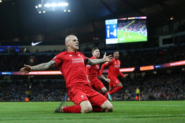 Martin Skrtel of Liverpool celebrates scoring his sides fourth goal - Manchester City vs Liverpool - Barclays Premier League - Etihad Stadium - Manchester - 21 11 2015 Pic Philip Oldham SportImage EDITORIAL USE ONLY. No use with unauthorised audio, video, data, fixture lists, club league logos or live services. Online in-match use limited to 120 images, no video emulation. No use in betting, games or single club league player publications.