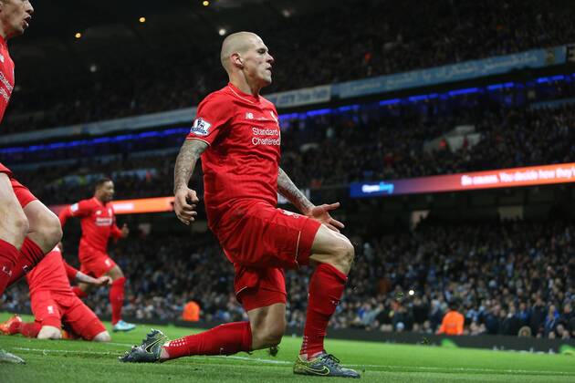 Martin Skrtel of Liverpool celebrates scoring his sides fourth goal - Manchester City vs Liverpool - Barclays Premier League - Etihad Stadium - Manchester - 21 11 2015 Pic Philip Oldham SportImage EDITORIAL USE ONLY. No use with unauthorised audio, video, data, fixture lists, club league logos or live services. Online in-match use limited to 120 images, no video emulation. No use in betting, games or single club league player publications.