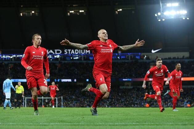 Martin Skrtel of Liverpool celebrates scoring his sides fourth goal - Manchester City vs Liverpool - Barclays Premier League - Etihad Stadium - Manchester - 21 11 2015 Pic Philip Oldham SportImage EDITORIAL USE ONLY. No use with unauthorised audio, video, data, fixture lists, club league logos or live services. Online in-match use limited to 120 images, no video emulation. No use in betting, games or single club league player publications.