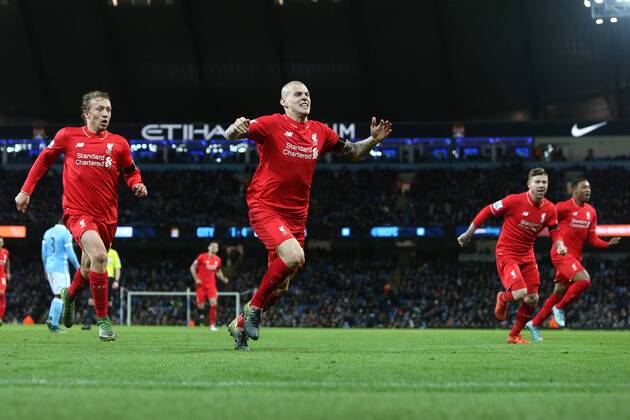 Martin Skrtel of Liverpool celebrates scoring his sides fourth goal - Manchester City vs Liverpool - Barclays Premier League - Etihad Stadium - Manchester - 21 11 2015 Pic Philip Oldham SportImage EDITORIAL USE ONLY. No use with unauthorised audio, video, data, fixture lists, club league logos or live services. Online in-match use limited to 120 images, no video emulation. No use in betting, games or single club league player publications.