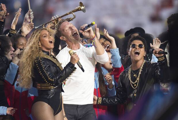 Feb. 7, 2016 - Santa Clara, CA, USA - Beyonce, Chris Martin and Bruno Mars preform during half time show in Super Bowl 50 on Sunday, Feb. 7, 2016 at Levi s Stadium in Santa Clara, Calif. Sacramento California News - Feb. 7, 2016 - ZUMAs76_