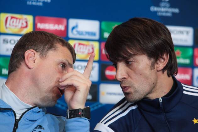 Feb. 23, 2016 - Kiev, Ukraine - The coach of FC Dynamo (Kiev) Serhii Rebrov (L) and the player of FC Dynamo Oleksandr Shovkovskiy (R) during a press conference PK Pressekonferenz before the match 1 8 finals of the Champions League between FC Dynamo (Kiev, Ukraine) and FC Manchester City (Manchester, England) in Kiev. Soccer 2016 - FC Dynamo vs Manchester City - ZUMAp133