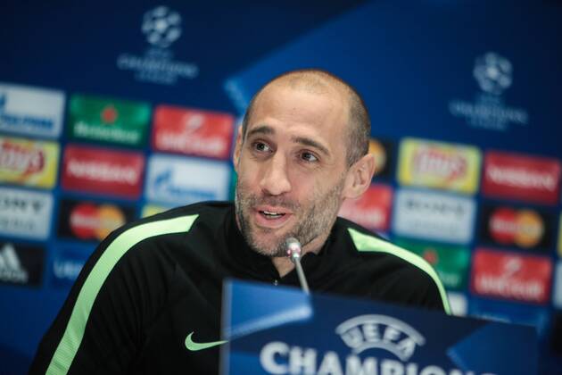Feb. 23, 2016 - Kiev, Ukraine - The player of FC Manchester City (England) Pablo Zabaleta during a press conference PK Pressekonferenz before the match 1 8 finals of the Champions League between FC Dynamo (Kiev, Ukraine) and FC Manchester City (Manchester, England) in Kiev. Soccer 2016 - FC Dynamo vs Manchester City - ZUMAp133