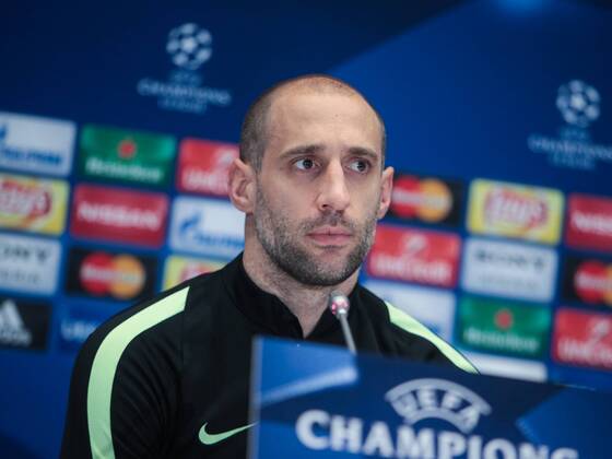 Feb. 23, 2016 - Kiev, Ukraine - The player of FC Manchester City (England) Pablo Zabaleta during a press conference PK Pressekonferenz before the match 1 8 finals of the Champions League between FC Dynamo (Kiev, Ukraine) and FC Manchester City (Manchester, England) in Kiev. The open training of FC Manchester City - ZUMAp133