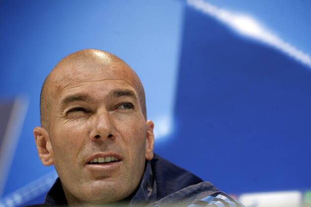 Head coach of Real Madrid, French Zinedine Zidane, holds a press conference PK Pressekonferenz following a training session at the team s sports complex in Valdebebas, Madrid, Spain, 11 April 2016. Real Madrid will face Wolfsburg in a UEFA Champions League quarter final second leg match on 12 April. Real Madrid presser !ACHTUNG: NUR REDAKTIONELLE NUTZUNG!  GRA223 20160411-635959816150436030