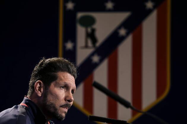 Atletico Madrid s Argentinian head coach Diego Simeone during the press conference PK Pressekonferenz held at Vicente Calderon stadium in Madrid, Spain on 12 April 2016. FC Barcelona Barca will face Atletico Madrid in a Champions League second leg quarter finals soccer match the upcoming 13 April. Atletico Madrid s press conference !ACHTUNG: NUR REDAKTIONELLE NUTZUNG!  20160412-635960842635122622