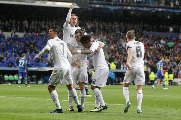 Lissabon Cristiano Ronaldo ( Real Madrid ) Luka Modric ( Real Madrid ) Gareth Bale ( Real Madrid ) Marcelo ( Real Madrid ), Real Madrid vs. VfL Wolfsburg, Fussball, Champions League Viertelfinale, 12.03.2016, Copyright: Langer Eibner-Pressefoto EP_HLR