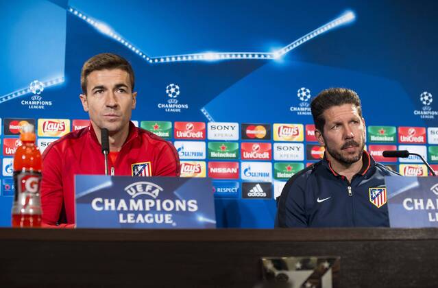 Gabi Fernandez and coach Diego Simeone during Atletico de Madrid s press conference PK Pressekonferenz the day before the EUFA Champions League match between Atletico de Madrid and FC. Barcelona at Vicente Calderon in Madrid. April 13, 2016.  (20160413013)