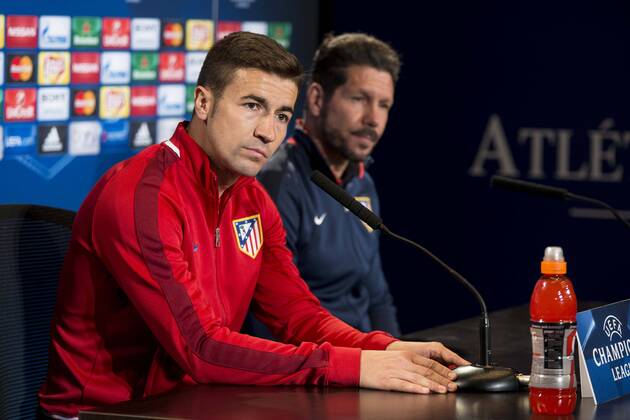 Gabi Fernandez and coach Diego Simeone during Atletico de Madrid s press conference PK Pressekonferenz the day before the EUFA Champions League match between Atletico de Madrid and FC. Barcelona at Vicente Calderon in Madrid. April 13, 2016. (20160413017)