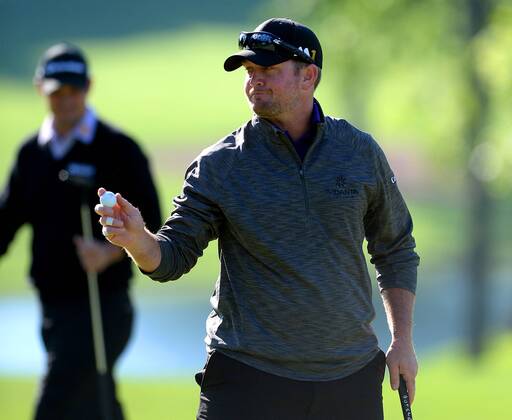 May 5, 2016 - Charlotte, NC, USA - Steve Wheatcroft acknowledges the applause of the gallery after sinking a putt on the 15th green during second round action of the Wells Fargo Championship at Quail Hollow Club on May 6, 2016 in Charlotte, N.C. Wheatcroft finished the round at -5. Wells Fargo Championship - ZUMAm67_