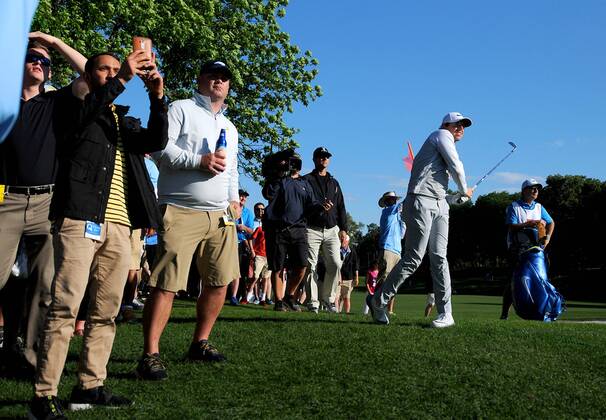 May 5, 2016 - Charlotte, NC, USA - Rory McIlroy, right, watches his second shot along the 18th fairway during the second round of the Wells Fargo Championship at Quail Hollow Club on Friday, May 6, 2016, in Charlotte, N.C. Wells Fargo Championship - ZUMAm67_