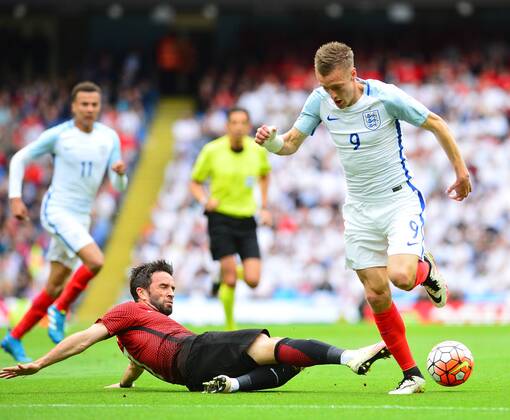 Friendly National football Match between England and Turkey at Etihad Stadium in Manchester , England on May 22, 2016. Pictured: Jamie Vardy 9 of England and Gokhan Gonul of Turkey. 