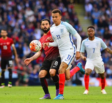 Friendly National football Match between England and Turkey at Etihad Stadium in Manchester , England on May 22, 2016. Final Score: England 2 - Turkey 1 Pictured: Dele Alli 11 of England and Selcuk Inan of Turkey. 