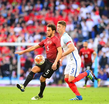 Friendly National football Match between England and Turkey at Etihad Stadium in Manchester , England on May 22, 2016. Final Score: England 2 - Turkey 1 Pictured: Gary Cahill of England and Hakan Calhanoglu (L) of Turkey. 