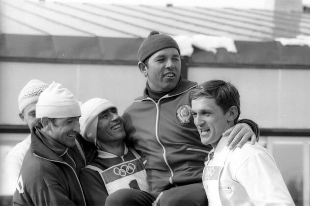 Olympische Spiele 1972 in Sapporo, 4x7,5km Staffel Olympiasieger UdSSR mit Aleksandr Tikhonov, Rinnat Safin, Ivan Biakov, Viktor Mamatov