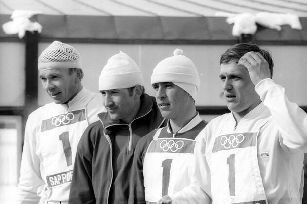 Olympische Spiele 1972 in Sapporo, 4x7,5km Staffel Olympiasieger UdSSR mit Aleksandr Tikhonov, Rinnat Safin, Ivan Biakov, Viktor Mamatov