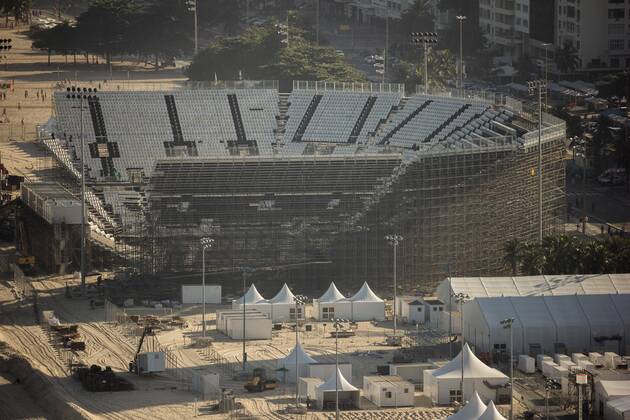 Locations Rio 2016 Olympic Games Olympische Spiele Olympia OS Arena Olympic Beach volleyball Beachvolleyball which is being built on the sands of Copacabana Beach is coming to the final stretch. Seats and stairs have been installed and access to the public are being implemented. With the Arena, a large part of the Copacabana boardwalk is no visibility to the sea. x1159108x  LuizxSouza