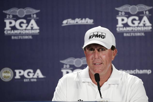 Phil Mickelson speaks at a press conference PK Pressekonferenz after his practice round at the PGA Golf Herren Championship at Baltusrol Golf Club in Springfield, New Jersey on July 26, 2016.  PGA20160726124 JOHNxANGELILLO