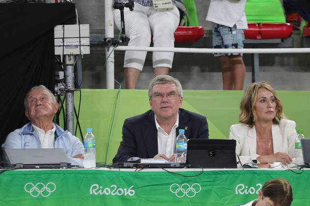 FIG-president Bruno Grandi, IOC-president Thomas Bach and former gymnast Nadia Comaneci during apparatus-final, 2016 Olympic Games Olympische Spiele Olympia OS 15 08 2016 -
