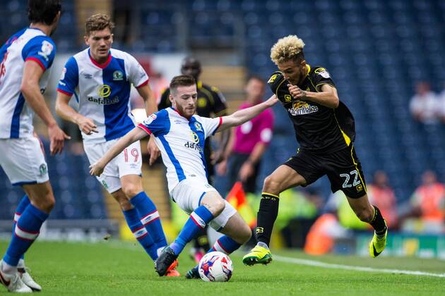 23.08.2016. Ewood Park, Blackburn, England. EFL Cup Football. Blackburn Rovers versus Crewe Alexandra. Blackburn Rovers midfielder Jack Byrne tackles Crewe Alexandra midfielder Alex Kiwomya. xTimxWilliamsx  ActionPlus11779474