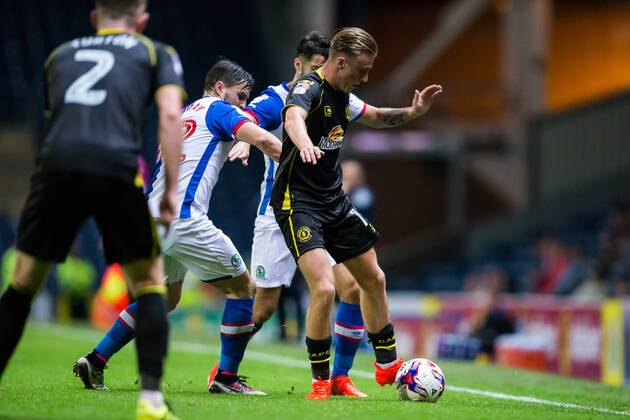 23.08.2016. Ewood Park, Blackburn, England. EFL Cup Football. Blackburn Rovers versus Crewe Alexandra. Crewe Alexandra midfielder George Cooper is tackled by Blackburn Rovers midfielder Craig Conway. xTimxWilliamsx  ActionPlus11779514