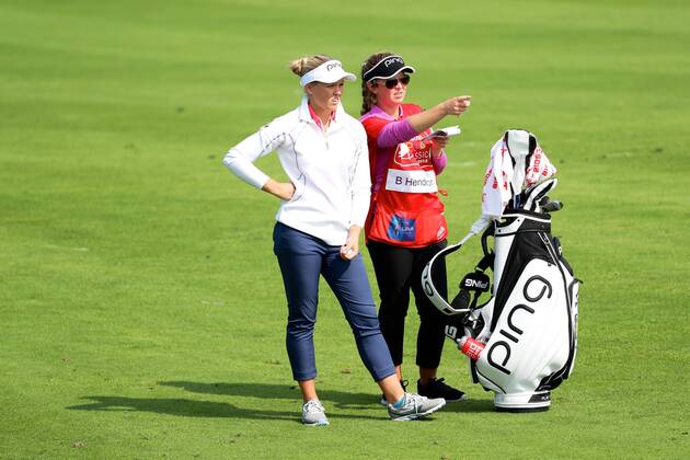 BEIJING, CHINA - SEPTEMBER 29: Brooke M. Henderson of Canada in action during the 1st round of the 2016 Reignwood LPGA Golf Damen Classic at Reignwood golf club on September 29, 2016 in Beijing, China. CFP492963932