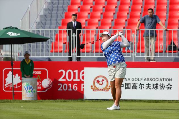 BEIJING, CHINA - SEPTEMBER 29: Feng Shanshan of China in action during the 1st round of the 2016 Reignwood LPGA Golf Damen Classic at Reignwood golf club on September 29, 2016 in Beijing, China.  CFP492963930