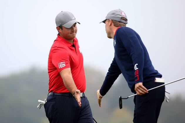 GOLF - Ryder Cup 2016 CHASKA,MINNESOTA,USA,30.SEP.16 - GOLF - Ryder Cup, Hazeltine National Golf Club. Image shows the rejoicing of Patrick Reed and Jordan Spieth (USA). GEPAxpictures xDanielxGoetzhaber