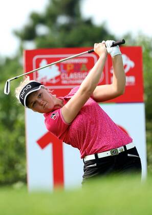 BEIJING, CHINA - SEPTEMBER 30: Brooke M. Henderson of Canada in action during the second round of the 2016 Reignwood LPGA Golf Damen Classic at Reignwood golf club on September 30, 2016 in Beijing, China. CFP493033724
