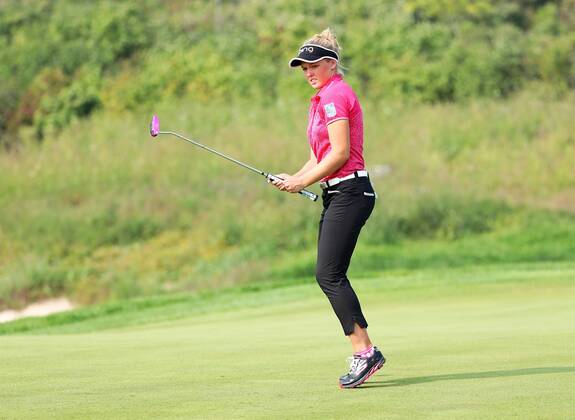 BEIJING, CHINA - SEPTEMBER 30: Brooke M. Henderson of Canada in action during the second round of the 2016 Reignwood LPGA Golf Damen Classic at Reignwood golf club on September 30, 2016 in Beijing, China. CFP493033754