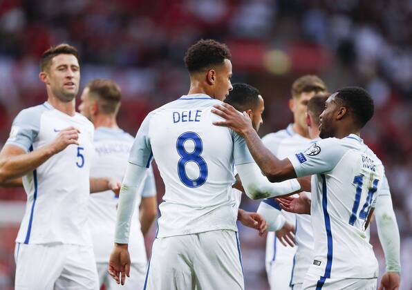 Fußball, WM Quali, England - Malta (161009) -- LONDON, Oct. 8, 2016 -- Dele Alli (C) of England celebrates his goal with his teammates during the Group F match between England and Malta at 2018 FIFA World Cup WM Weltmeisterschaft Fussball European Zone Qualifiers at Wembley Stadium in London, England on Oct. 8, 2016. England, won 2-0. ) (SP)BRITAIN-LONDON-FOOTBALL-FIFA WORLD CUP QUALIFIER-ENGLAND VS MALTA HanxYan 