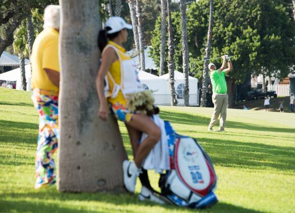 October 9, 2016 - Newport Beach, California, USA - John Daly and his caddie watch Bart Bryant makes a tee shot on the fifteen hole during the final round of the Toshiba Classic at the Newport Beach Country Club on October 9, 2016 in Newport Beach, California. Toshiba Classic - Final Round - ZUMAg139